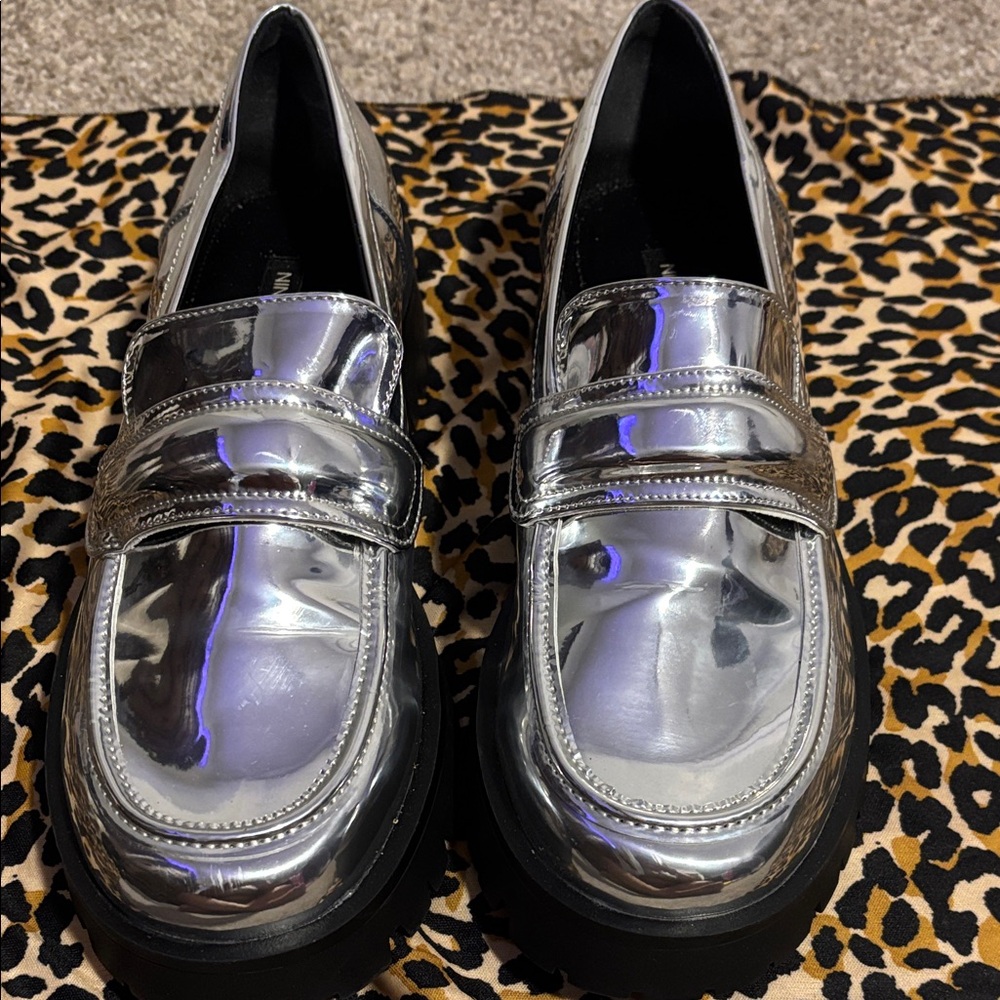 Nine West Metallic Silver Chunky Sole Penny Loafers